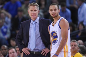 Golden State Warriors head coach Steve Kerr (left) speaking with guard Stephen Curry (30)Photo credit: Kyle Terada-USA TODAY Sports