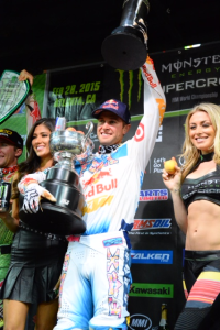 Red Bull/KTM's Ryan Dungey celebrating win in Atlanta at the Georgia Dome in AMA Supercross 450X main event on Feb. 28Photo credit: Simon Cudby