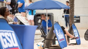 Georgia State sand volleyball assistant coach Kirsten Gallagher (middle)Photo credit: Georgia State Athletics / Chris Justice