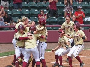 Florida State softball celebrating 2-1 win over Central Florida on May 16 2015Photo Credit: Phil Kelly / Florida State Athletics
