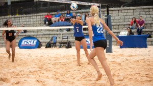 Photo credit: Georgia State AthleticsGeorgia State sand volleyball's Jansen Button (left) sets up teammate Sara Olivova (right) for attack.